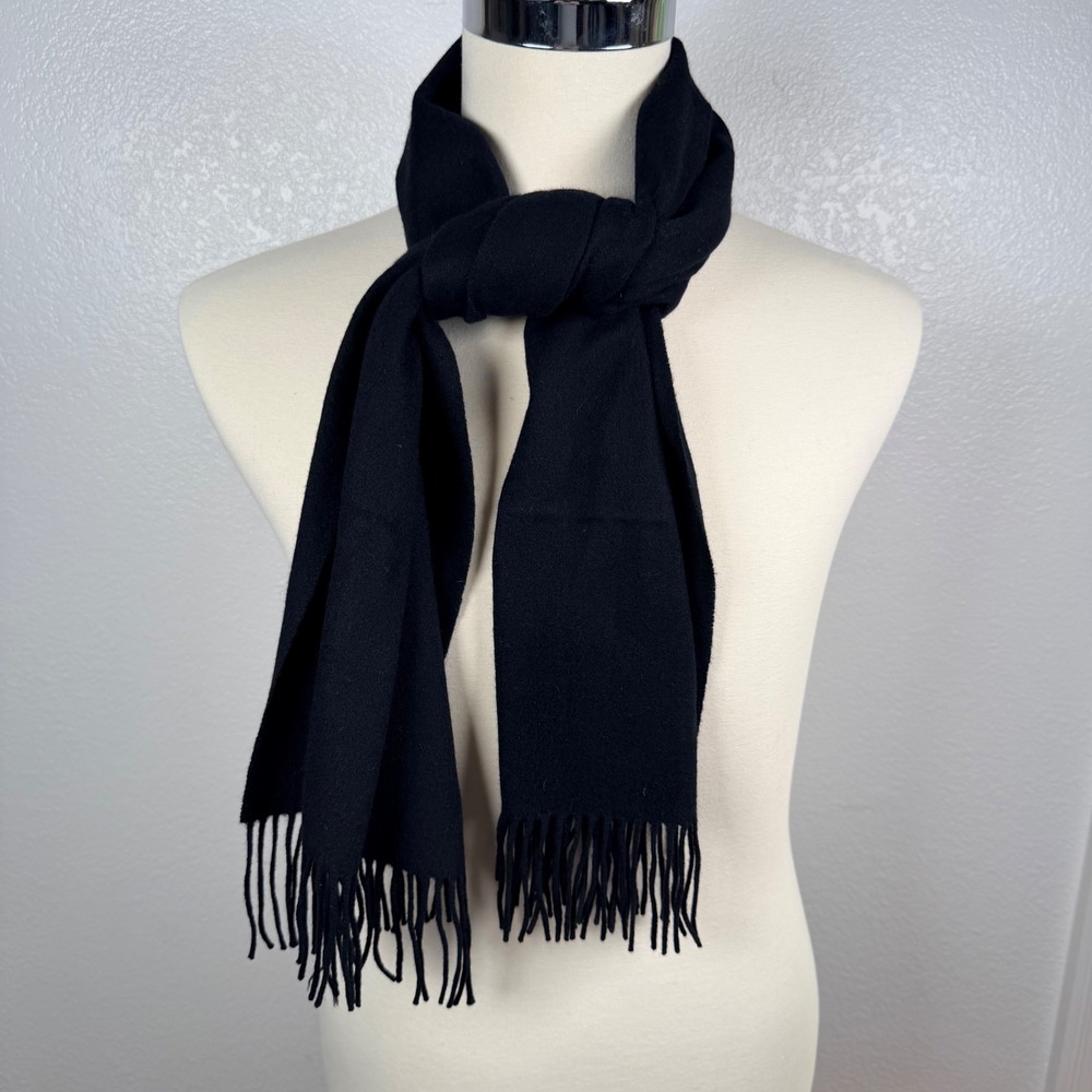 Lands End Direct Merchants Black Fringed Winter Scarf Wool Solid Classic